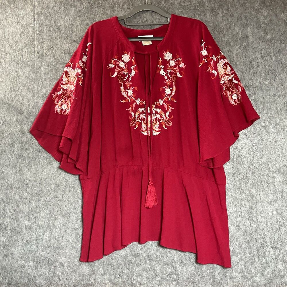 Starling Reine Shirt Womens XL Red Embroidered Floral Flowy Relaxed Boho Top